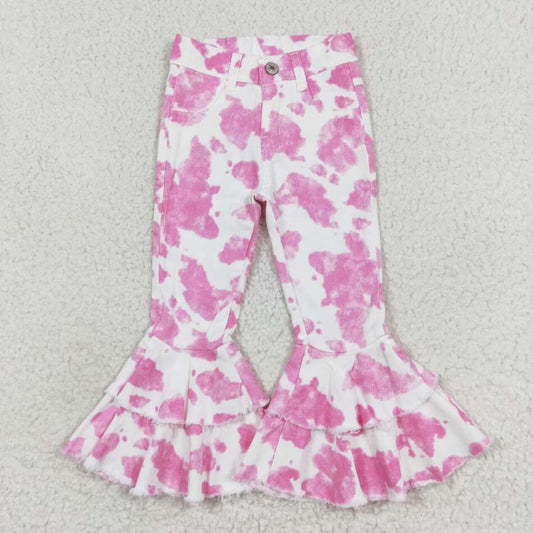 P0406 Baby Girls Pink Cow Double Ruffle Bell Flare Denim Pants