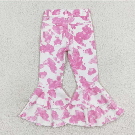 P0406 Baby Girls Pink Cow Double Ruffle Bell Flare Denim Pants