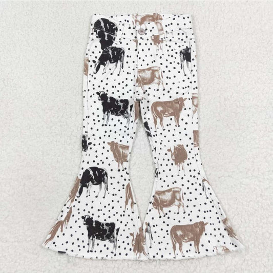 P0452 Baby Girls Polka Dots Western Cows Bell Flare Denim Pants