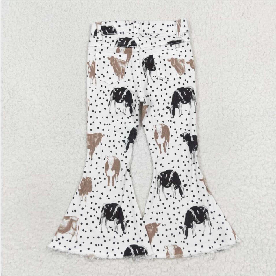 P0452 Baby Girls Polka Dots Western Cows Bell Flare Denim Pants