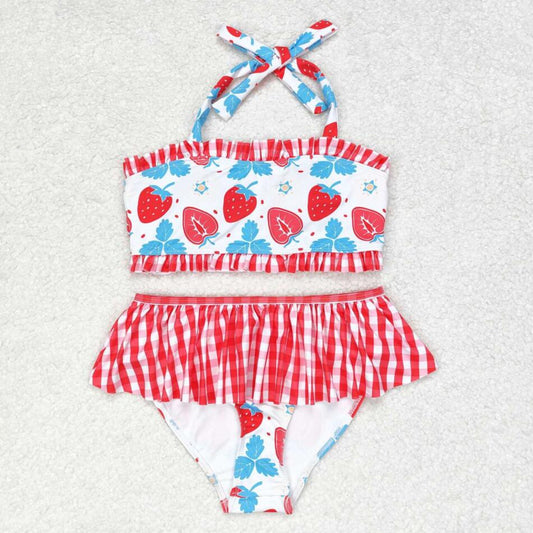 S0316 Baby Girls Summer Strawberry Halter Straps Two Pieces Swimsuits