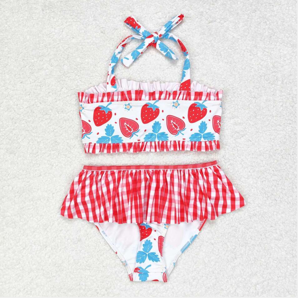 S0316 Baby Girls Summer Strawberry Halter Straps Two Pieces Swimsuits