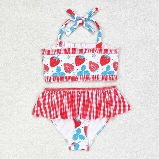 S0316 Baby Girls Summer Strawberry Halter Straps Two Pieces Swimsuits