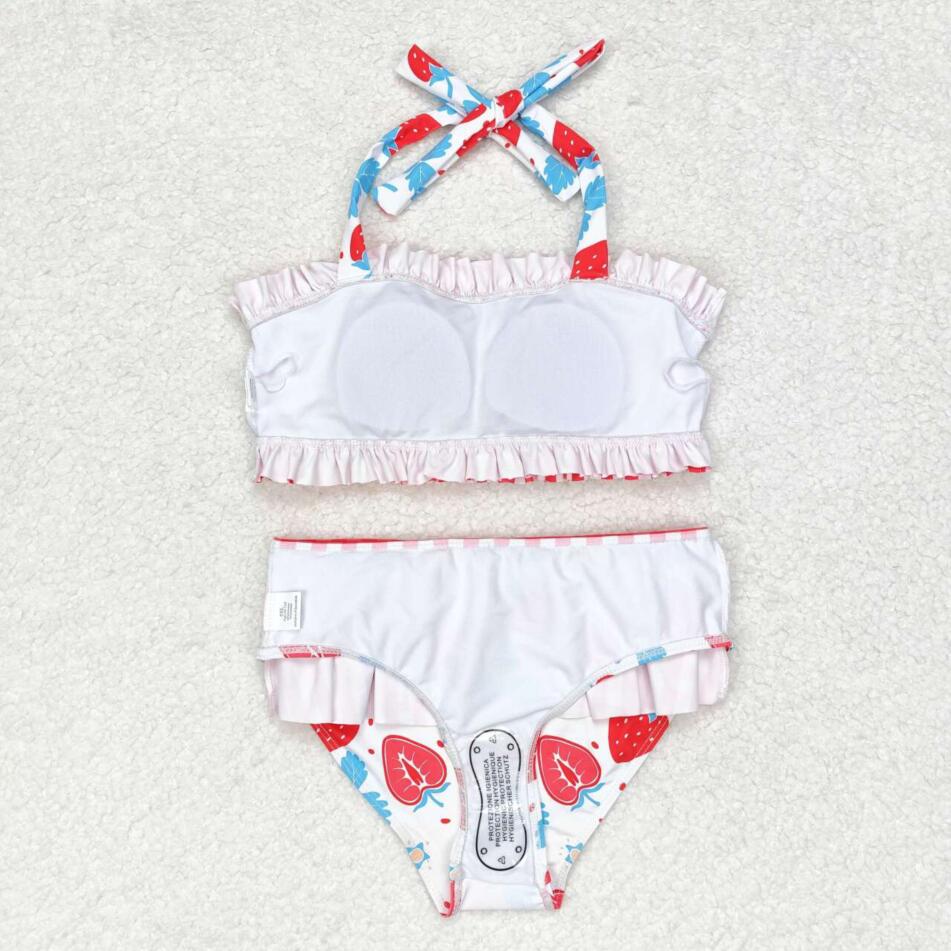 S0316 Baby Girls Summer Strawberry Halter Straps Two Pieces Swimsuits