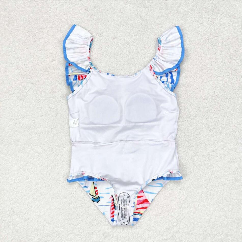 S0277 Baby Girls Blue Boats Bow Top Bummie Bows Swimsuits