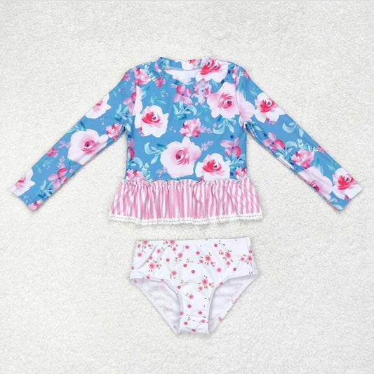 S0168 Baby Girls Long Sleeve Flower Print two pieces swimsuits