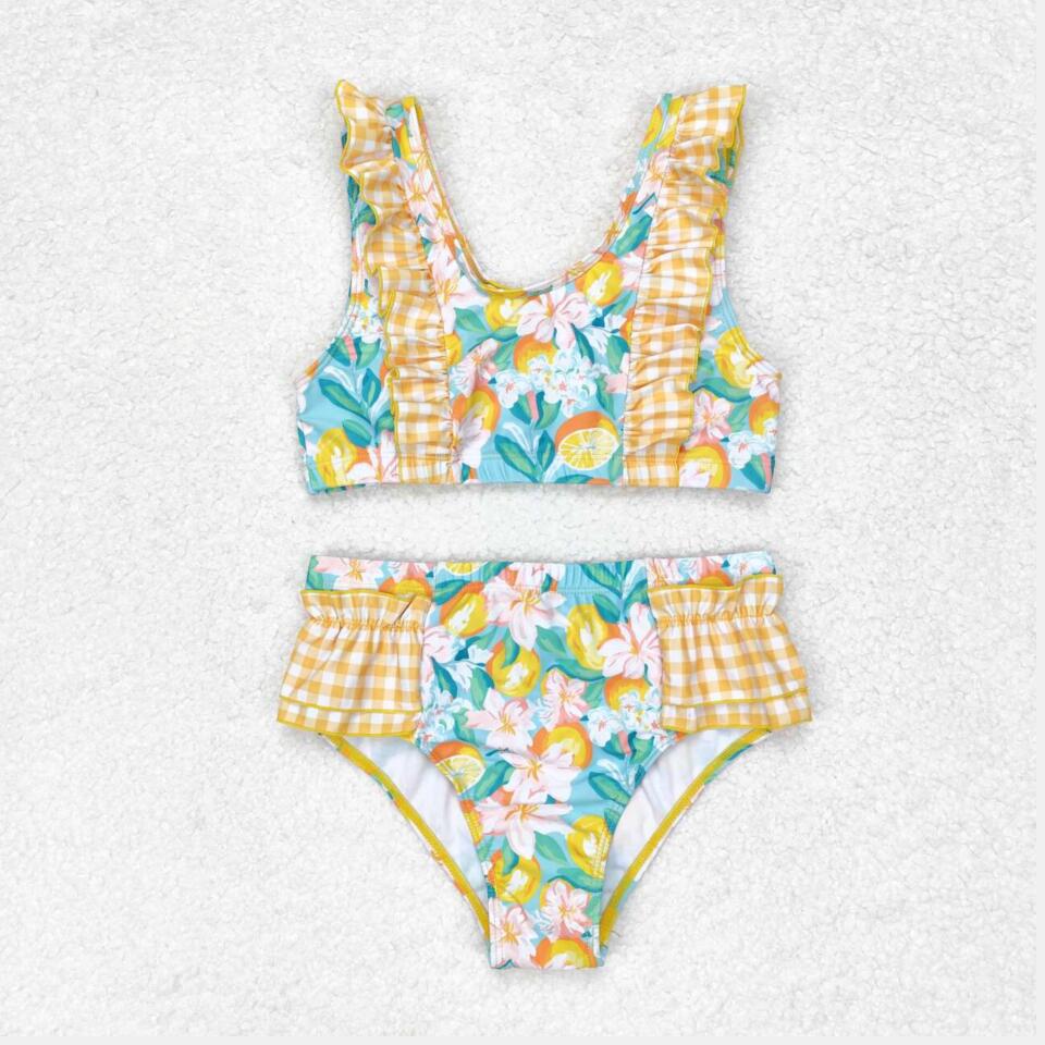 S0343 Baby Girls Orange Floral Two Piece Swimsuit