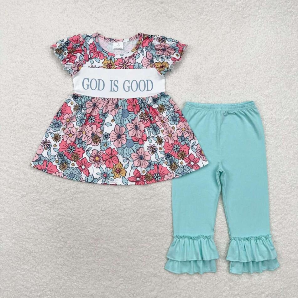 GSPO1658 Baby Girls God Is Good Flowers Tunic Ruffle Pants Clothes Sets