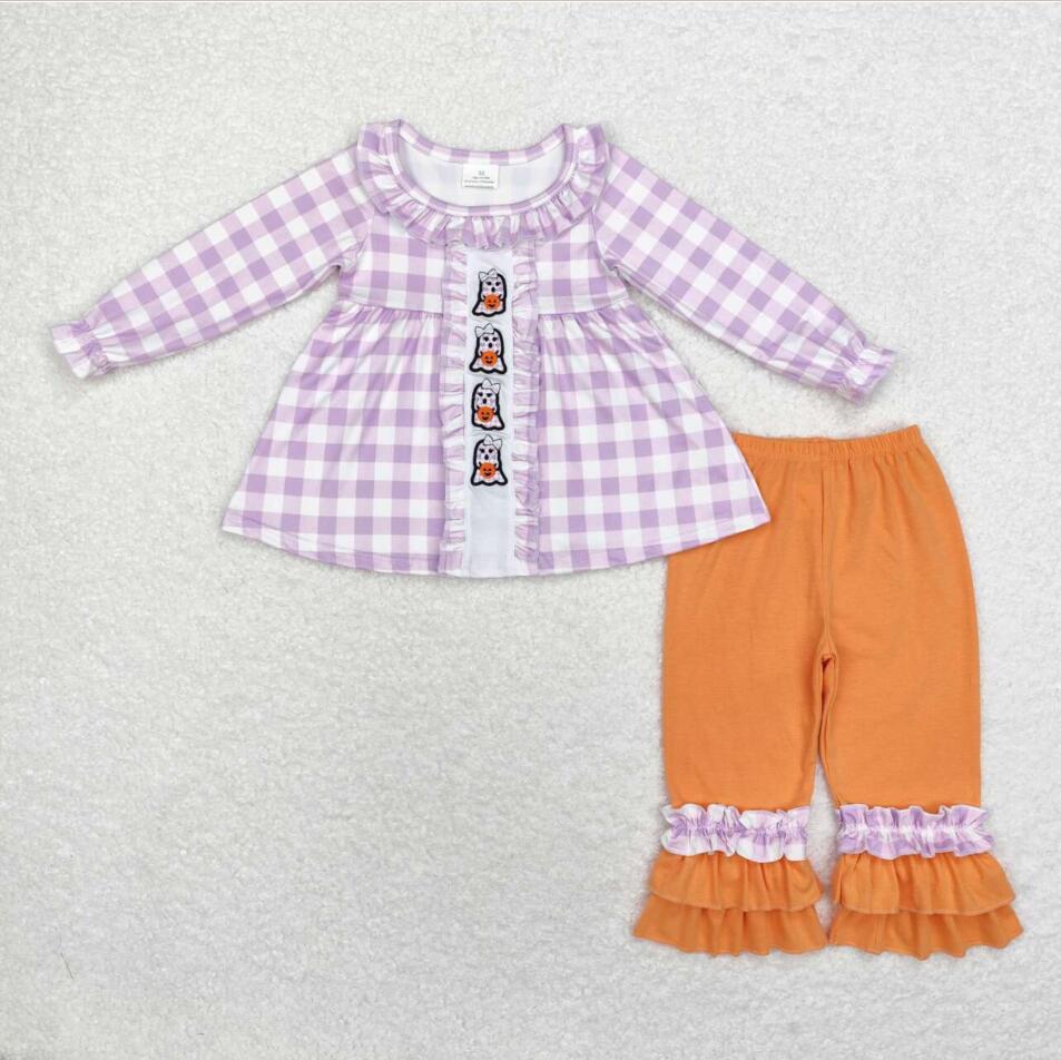 GLP1434 Baby Girls Lavender Checkered Ghost Tunic Ruffle Pants Clothes Sets