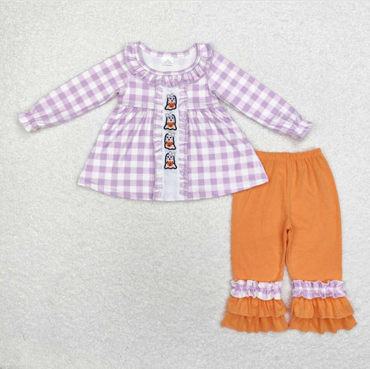 GLP1434 Baby Girls Lavender Checkered Ghost Tunic Ruffle Pants Clothes Sets