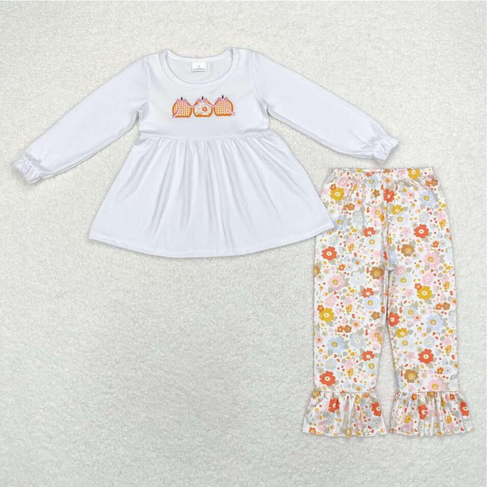 GLP1378 Baby Girls White Pumpkins Tunic Ruffle Floral Pants Clothes Sets