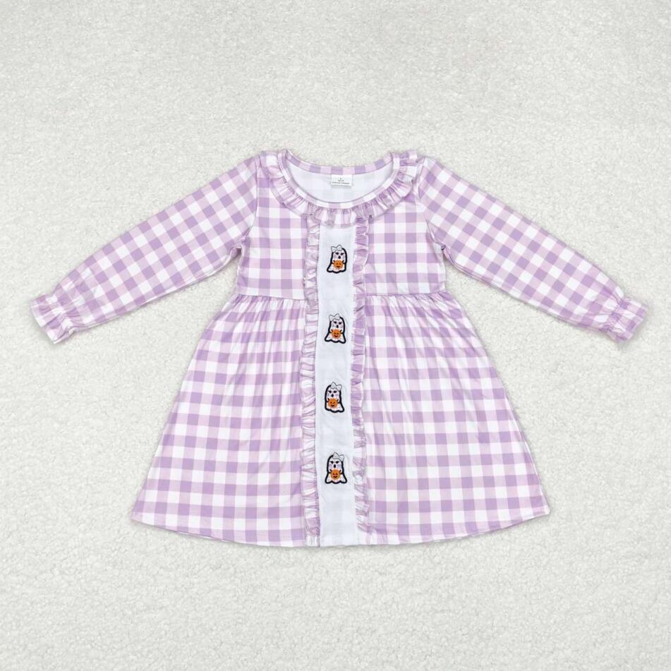 GLD0626 Baby Girls Halloween Ghost Pumpkin Purple Gingham Long Sleeve Dress