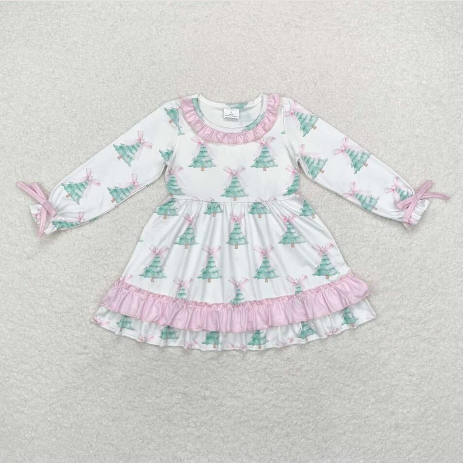 GLD0740 Baby Girls Christmas Tree Pink Bow Long Sleeve Dress