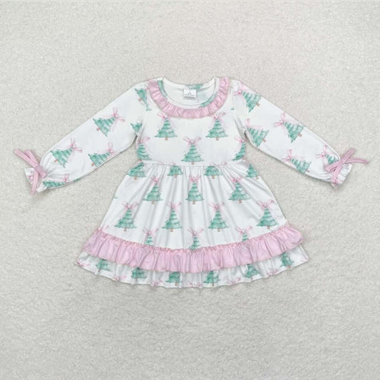 GLD0740 Baby Girls Christmas Tree Pink Bow Long Sleeve Dress