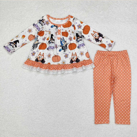 GLP1651 Baby Girls Halloween Cartoon Dog Polka Dot Leggings Set