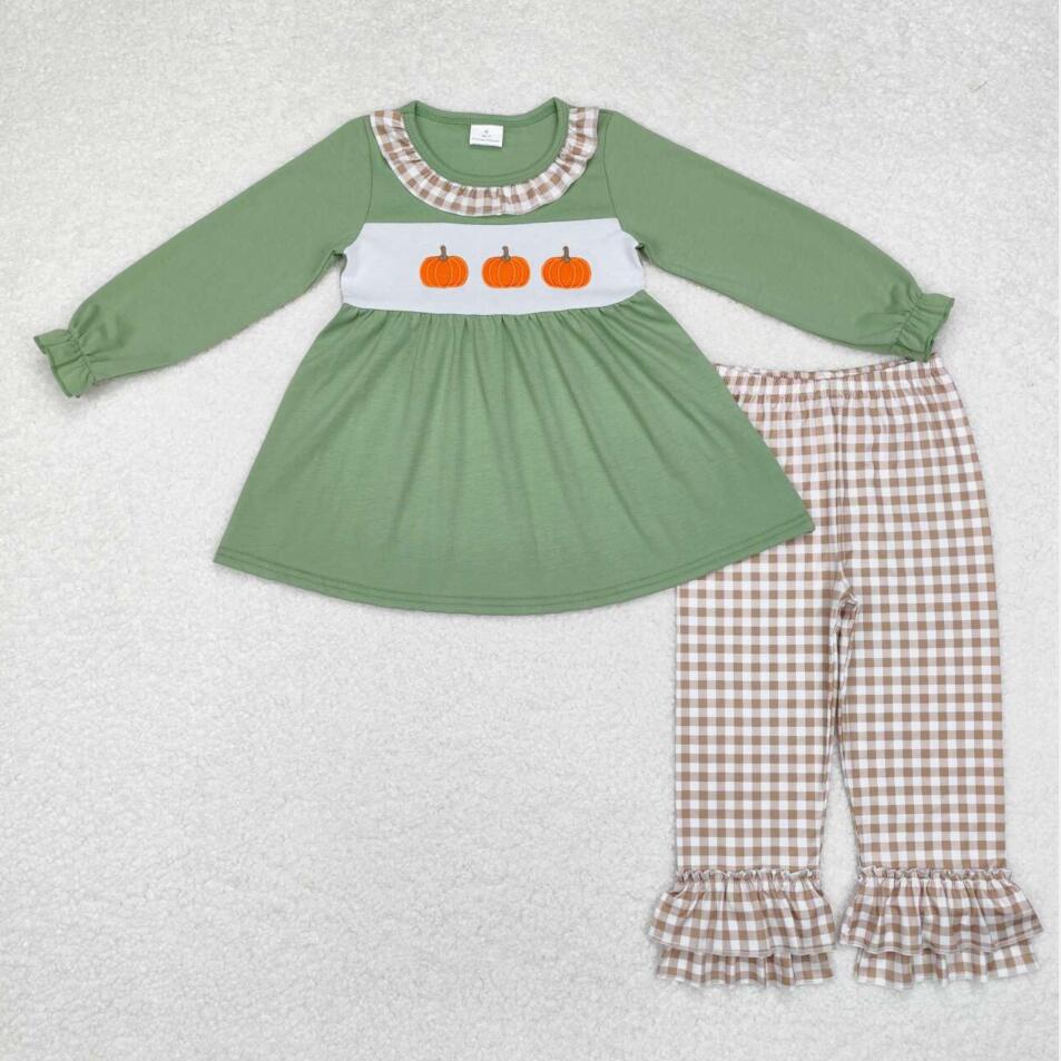 GLP1649 Toddler Girls Pumpkin Top Growm Gingham Pants Set