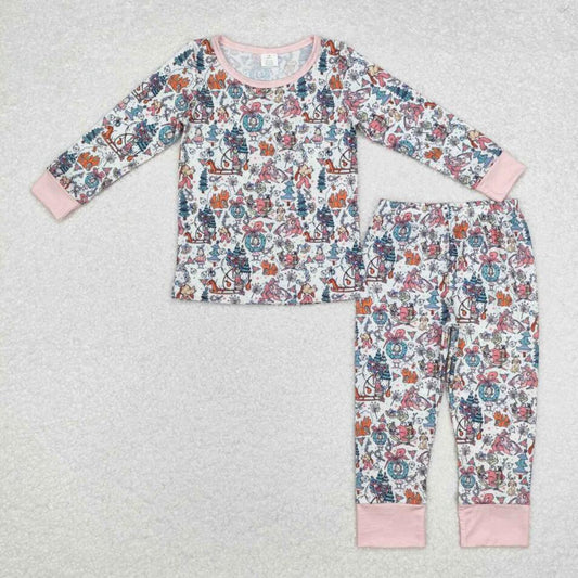 GLP1576 Baby Girls Christmas Party Cartoon Bamboo Pajama Set