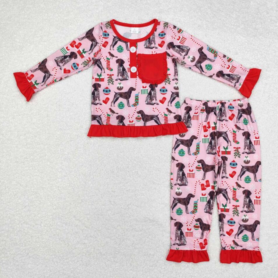 GLP1522 Baby Girls Christmas Dog Long Sleeve Pajama Set With Pocket