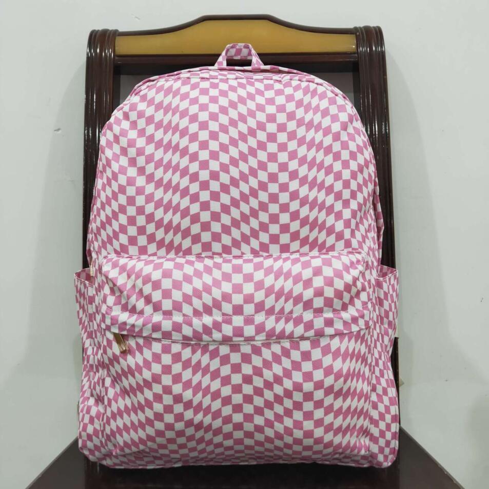 BA0245 Baby Kids Girls Pink Checkered Backpack Zip Back Bags