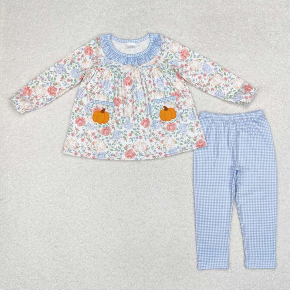 GLP1767 Baby Girls Flower Pumpkin Long Sleeve Top Blue Pants Outfit