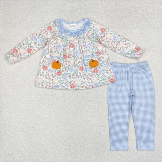 GLP1767 Baby Girls Flower Pumpkin Long Sleeve Top Blue Pants Outfit