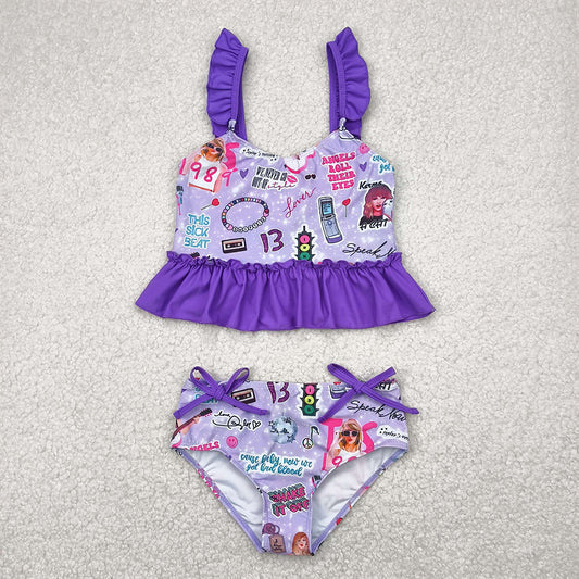 RTS NO MOQ Baby Girls Summer Sets S0389 Purple Singer Sleeveless Ruffle Top Bummies Two Pieces Swimsuits