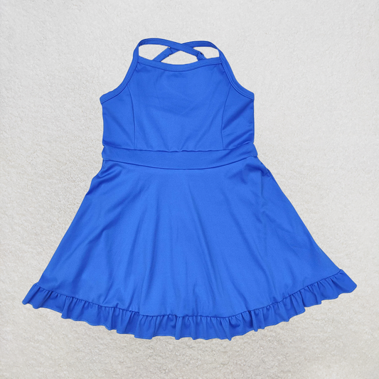 RTS NO MOQ Baby Girls Summer Kids Dresses S0445 Royal Blue Knit Knee Length Active Wear Athletic Dresses