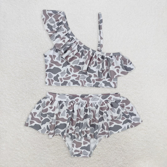 RTS NO MOQ Baby Girls Summer Outifts S0457 Grey Camo Ruffle Top Bummie Two Pieces Swimsuits