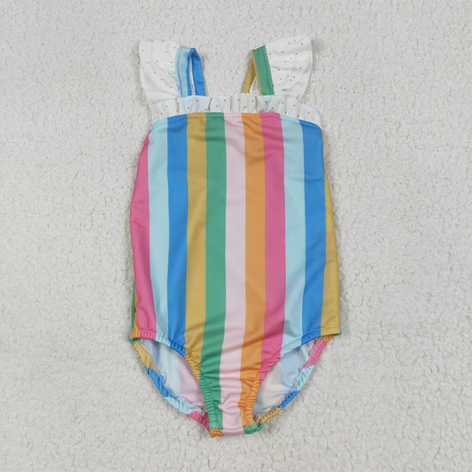 7.1 RTS NO MOQ Summer Baby Girls Bodysuit S0550 Flutter Sleeves Colorful Stripe One Piece Swimsuits