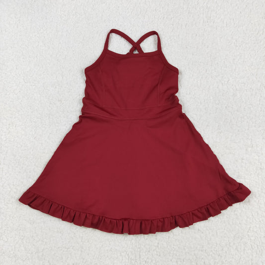 7.29 RTS NO MOQ Summer Baby Girls Dresses S0568 Dark Red Strap Shorts Yoga Knee Length Athletic Dresses
