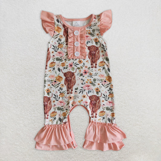 RTS NO MOQ Baby Girls Summer Bodysuit SR2620 Western Highland Cow Print Flutter Sleeve Ruffle Romper
