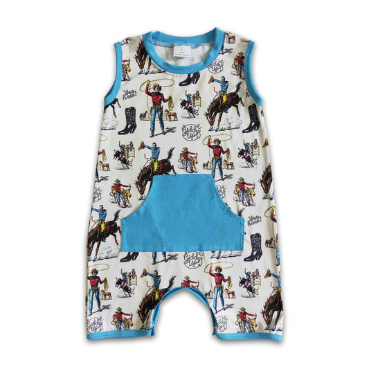 6.21 RTS NO MOQ Baby Boys Summer Bodysuit SR0043 Western Sleeveless Horse Boots Pocket Rompers
