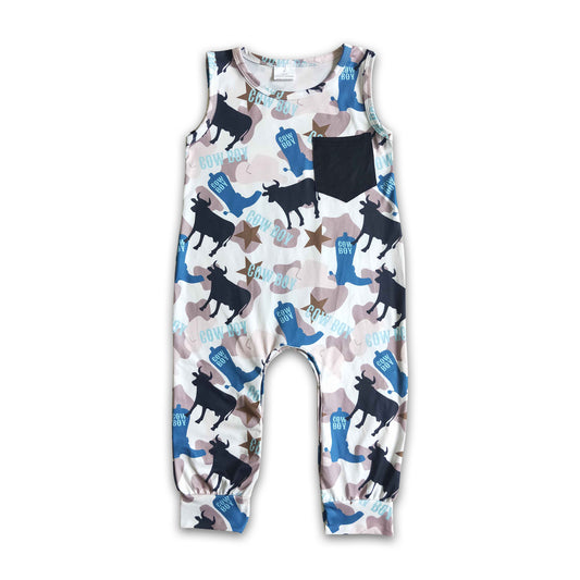 6.21 RTS NO MOQ Baby Boys Summer Bodysuit SR0072 Sleeveless Boots Cow Western Rompers