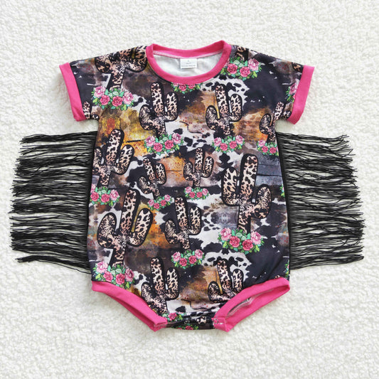 RTS NO MOQ Baby Girls Summer Bodysuit SR0108 Western Cactus Floral Short Sleeve Tassel Rompers