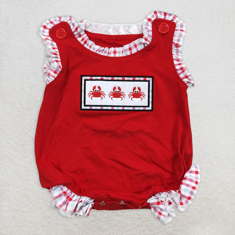 5.19 RTS NO MOQ Baby Girls Summer Bodysuit SR0156 Embroidery Red Sleveless Crab rompers