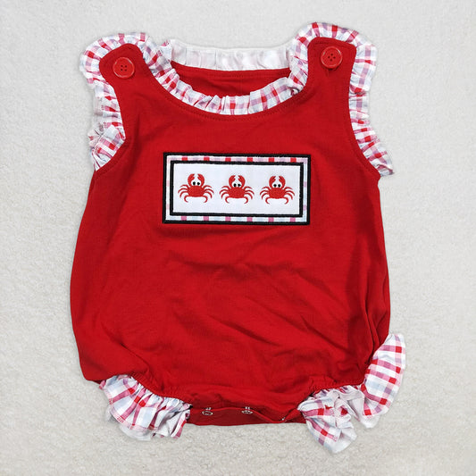 5.19 RTS NO MOQ Baby Girls Summer Bodysuit SR0156 Embroidery Red Sleveless Crab rompers