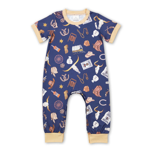 RTS NO MOQ Baby Boys Summer Bodysuit SR0187 Cow Print Western Short Sleeve Boots Rompers