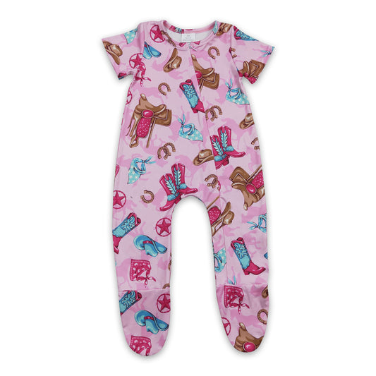 RTS NO MOQ Baby Girls Summer Bodysuit SR0194 Boot Hats Short Sleeve Pink Zip Footie rompers