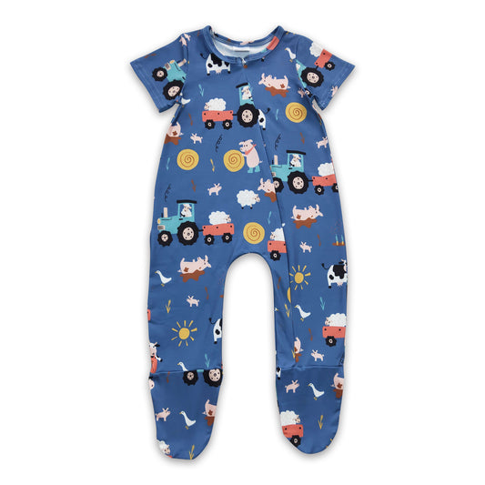 RTS NO MOQ Baby Boys Summer Bodysuit SR0195 Farm Pig Cow Short Sleeve Zip Footie Rompers