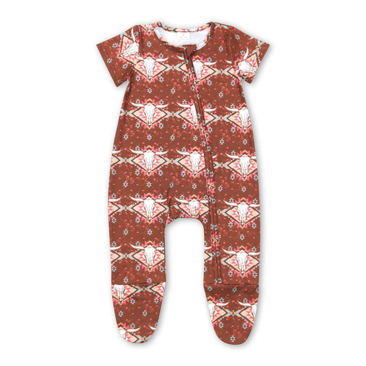 RTS NO MOQ Baby Boys Summer Bodysuit SR0199 Western Aztec Cow Brown Short Sleeve Footie Rompers