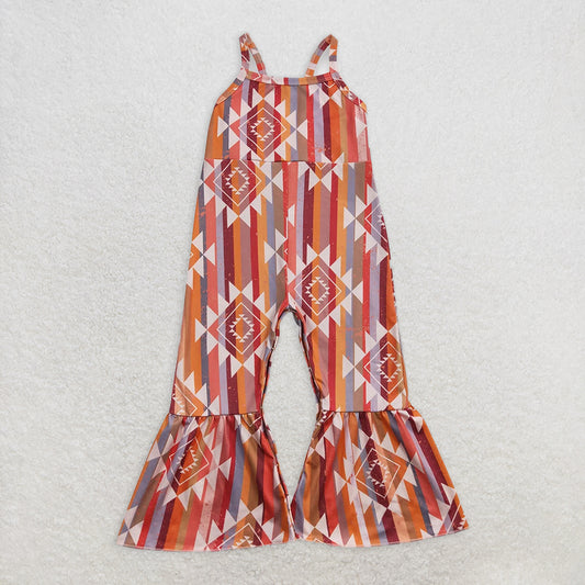 RTS NO MOQ Baby Girls Summer Bodysuit SR0252 Orange Aztec Sleeveless Western Strap Bell Bottom Jumpsuits