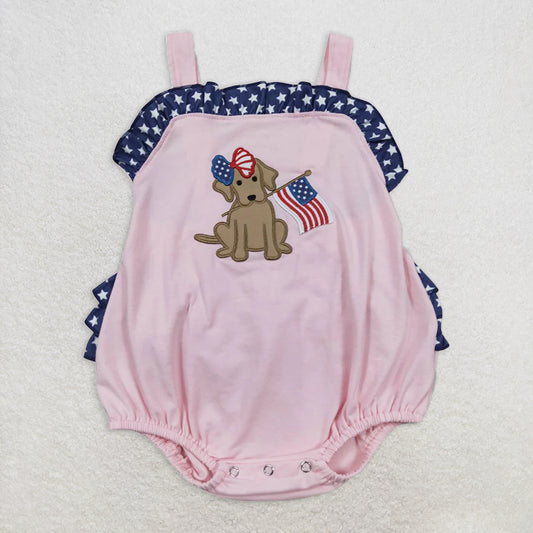 RTS NO MOQ Baby Girls Summer Bodysuit SR0332 4th Of July Dog Flag Embroidery Stars Pink Rompers