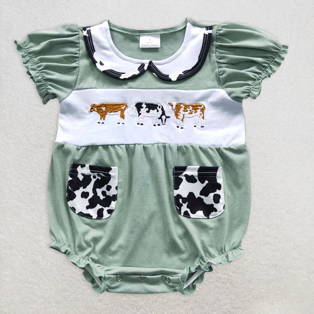 RTS NO MOQ Baby Girls Summer Bodysuit SR0373 Short Sleeve Cow Print Green Color Rompers