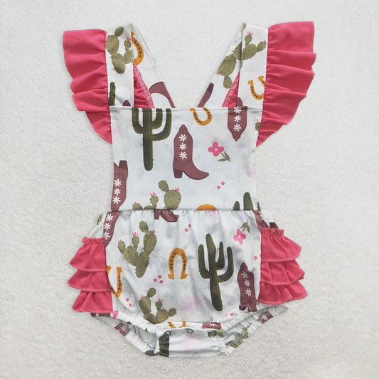 6.2 RTS NO MOQ Baby Girls Summer Bodysuit SR0384 Cactus Ruffles Western Rompers