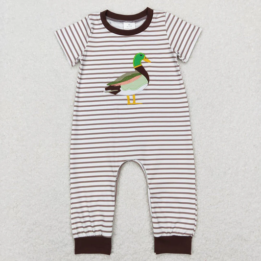 RTS NO MOQ Summer Sibling Baby Boys Duck Brown Embroidery Short Sleeve Stripe Romper Outfits