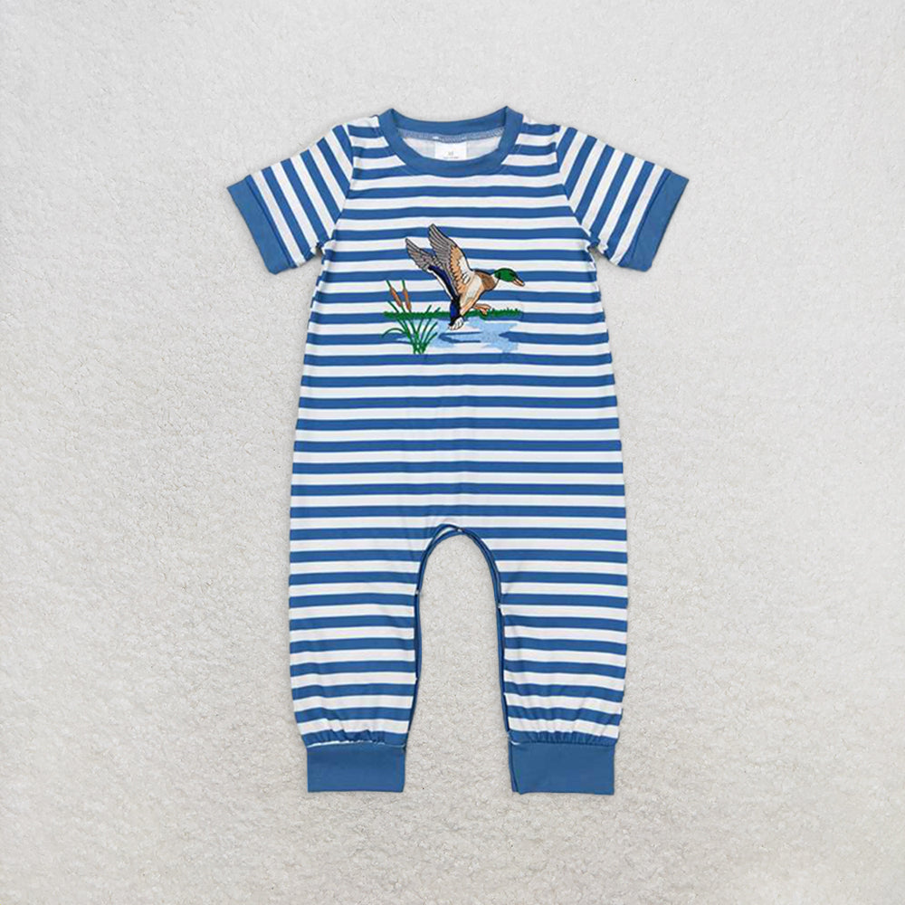 RTS NO MOQ Baby Boys Summer Bodysuit SR0554 Duck Light Blue Stripes Short Sleeve Rompers