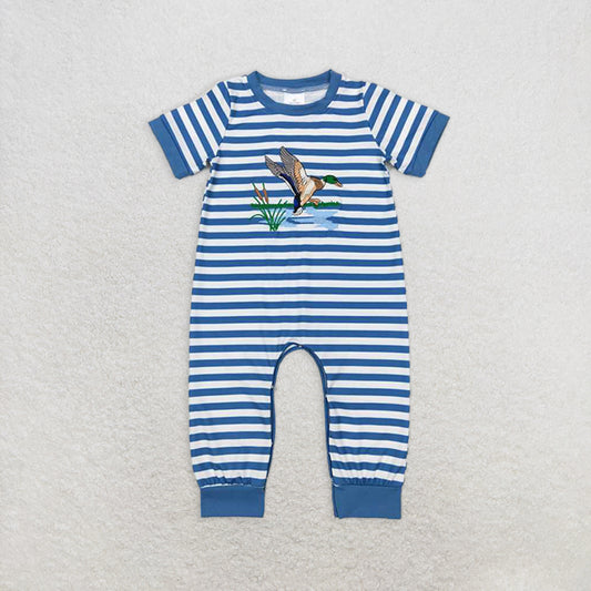 RTS NO MOQ Baby Boys Summer Bodysuit SR0554 Duck Light Blue Stripes Short Sleeve Rompers