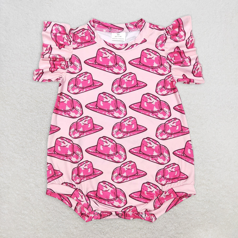 RTS NO MOQ Baby Girls Summer Bodysuit SR0623 Western Pink Hats Short Sleeve Rompers