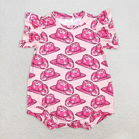 RTS NO MOQ Baby Girls Summer Bodysuit SR0623 Western Pink Hats Short Sleeve Rompers