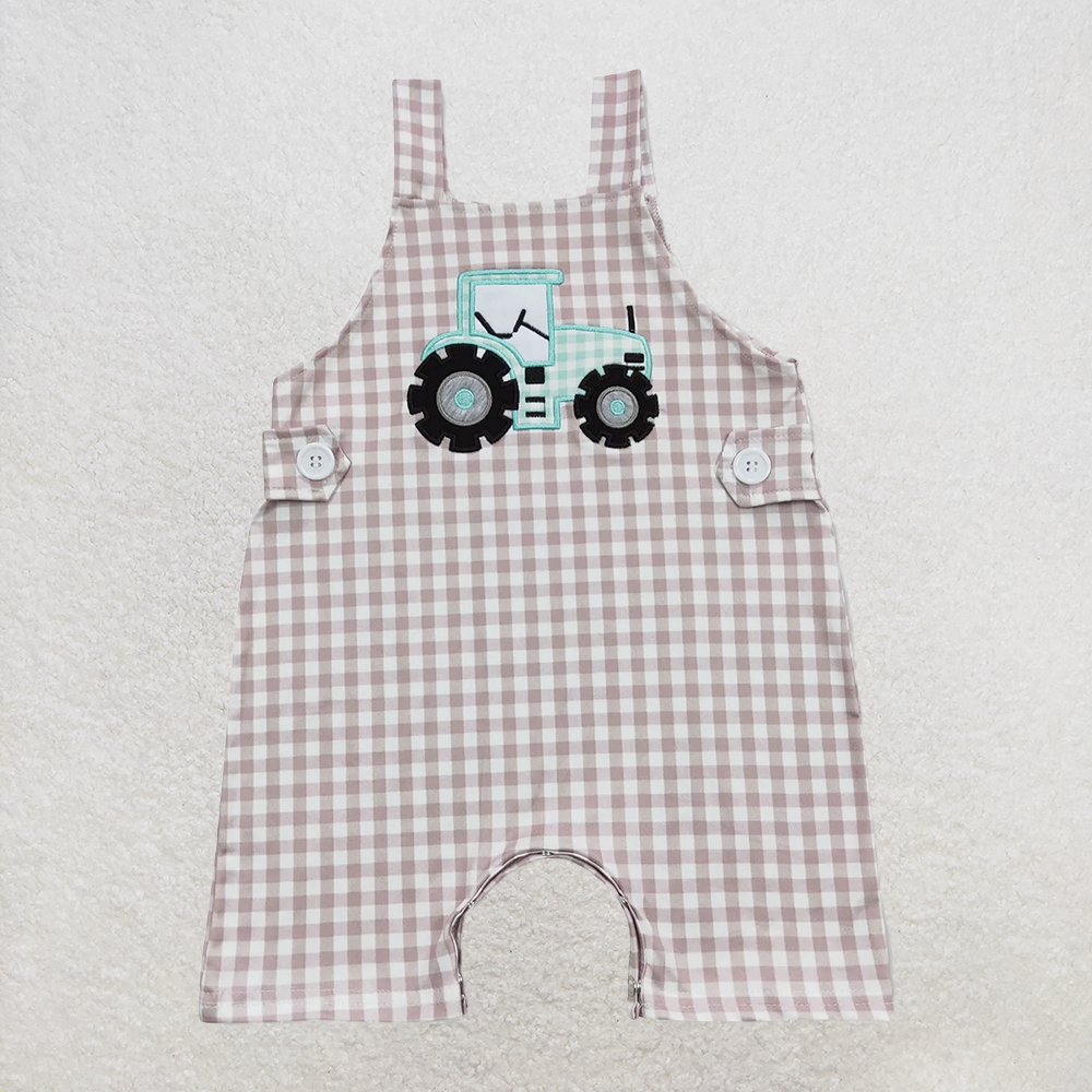 RTS NO MOQ Baby Boys Summer Bodysuit SR0631 Straps Tractor Khaki Chekered Summer Farm Rompers